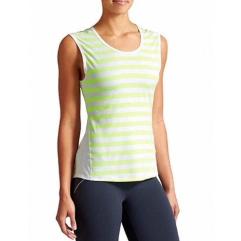 Athleta Ocean Stripe Chi Muscle Tank Womens L Highlighter Yellow White